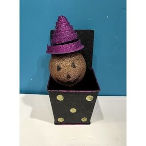 Halloween Bobble Head Jack-O-Lantern In A Box Black Spiral Hat Heavy Glitter